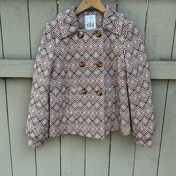 Tibi Wool Peacoat Geometric Print Houndstooth Seersucker Career Wear Sz 4 - Picture 1 of 6